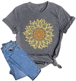 Sonnenblumen-Hemden für Frauen, Blumen-Grafik, T-Shirts, inspirierende Tees, lässiges Glaube-Shirt, Tops - Grau - Groß von LAZYCHILD