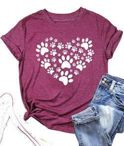 T-Shirt für Hundeliebhaber, für Damen, Katze, Hunde, Pfotenabdruckmotiv, Geschenk für Mädchen, Herz-Tops, violett, rot, Groß von LAZYCHILD
