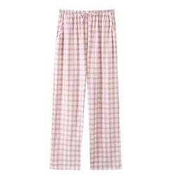 Baumwoll Karo Pyjamahose Für Damen, Lange Damen Pyjamahose Mit Taschen Und Kordelzug, Lounge Hose Mit Weitem Bein, Hose, Yoga Hose, Loungewear, Rosa, S von LApooh