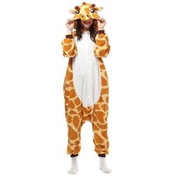 LBJR Erwachsene Unisex Cosplay Schlafanzug Tierkostüme Jumpsuit Onesie Nachtwäsche Overall Fasching Karneval Halloween Pyjama,L,Giraffe von LBJR