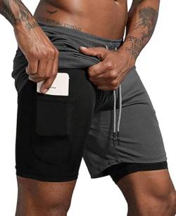 LBL Herren-Shorts, Kompression, 2-in-1, Trainingsshorts, Laufshorts, doppellagig, schnelltrocknend, mit Tasche, lässig, leicht, Fitness, Grau., 56 von LBL Leading the Better Life