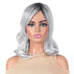 Wellenförmige gemischte silbergraue synthetische Perücken für Frauen, schwarze Wurzelperücke, Party, Cosplay, Verwendung 14 Zoll, 01 (1) von LBLhello