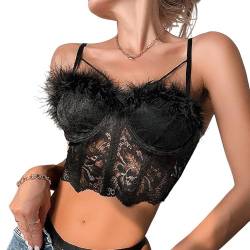 Korsett Oberteil,Frauen Sexy Korsetts Vintage Schlichte Schwarze Feder Bustier Korsett Top Sommer Dünne Spaghettiträger Ohne Knochen Push Up Crop Tops Bh Elegante Schiere Mesh Rückenfreie Camis W von LCDIUDIU