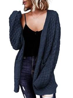 Lange Strickjacken Für Damen Zopfstrick-Cardigans Damen-Langarm-Cardigan Mit Offener Vorderseite Modischer Hohlpullover Mantel Oberbekleidung Herbst-Winter-Strickpullover Mit Taschen Marineblau L von LCDIUDIU