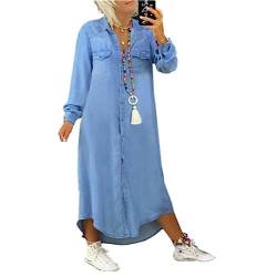 Sommerkleider Damen,Damen-Jeanskleid Gewaschen Verblasst Lange Ärmel V-Ausschnitt Freizeitkleid Herbst Lockeres Button-Down-Hemdkleid Vintage-Jeans-Maxikleid Im Used-Look Übergröße Boho-Kaftan-K von LCDIUDIU