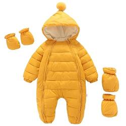 LCIGIA Schneeanzug Baby Strampler Neugeborene Kinder Jungen Overall Skianzug Jumpsuit Mit Kapuze Mädchen Einteilige Daunenjacke Mit Handschuhen Winter Schneeoverall, Gelb, 92 von LCIGIA