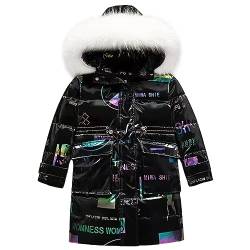 LCIGIA Winterjacke Mädchen Kinder Wintermantel mit Abnehmbare Kapuze Warme Steppjacke Verdickte Daunenjacke mit Reflektierender Buchstabe, Schwarz, 122-128 von LCIGIA