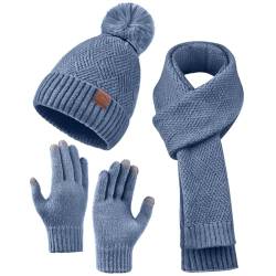 Damen-Beanie-Mütze, Schal, Handschuhe, Fleece-gefütterte Wintermütze mit Bommel, langer Strickschal, Touchscreen-Handschuhe für kaltes Wetter, Blau, Einheitsgröße von LCZTN