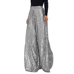 Damen Glitzer Hose Festival Elastische Party Freizeithose High Waist Elegant Silber Hip Hop Lang Rave Outfit Weitbeinhosen Verziert mit Pailletten Glänzende Hose Pailletten Hose Glitzerhose von LCpddajlspig