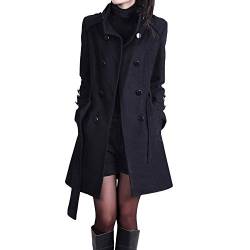 Damen Mantel Trenchcoat,Elegant Schwarz Umlegekragen Wollmantel Zweireihiger Longsleeve Große Größen Winddichter Lang Winter Einfarbige Wintermantel Verstellbare Herbst Damenmantel Übergangsmantel von LCpddajlspig