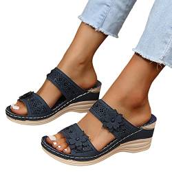 Damen Pantoletten mit Fußbett Orthopädische Sommer Badepantolette Slippers Elegant Wasserfest Keilabsatz Sandalen Badelatschen Rutschfest Leder Badeschlappen Schlappen Slide Duschlatschen Hausschuhe von LCpddajlspig