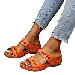 Damen Pantoletten mit Fußbett Orthopädische Sommer Badepantolette Slippers Elegant Wasserfest Keilabsatz Sandalen Badelatschen Rutschfest Leder Badeschlappen Schlappen Slide Duschlatschen Hausschuhe von LCpddajlspig