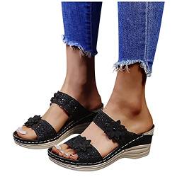 Damen Pantoletten mit Fußbett Orthopädische Sommer Badepantolette Slippers Elegant Wasserfest Keilabsatz Sandalen Badelatschen Rutschfest Leder Badeschlappen Schlappen Slide Duschlatschen Hausschuhe von LCpddajlspig