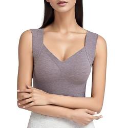 LCpddajlspig Thermo Unterhemd Damen Elastische Spitze V-Ausschnitt Top Warme Camisole Thermohemden Untershirt mit BH Unterhemd Winter Lange Fleece Ärmellos Thermounterwäsche Thermo-Unterhemden von LCpddajlspig