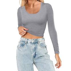 Langarmshirt Damen Rundhals Long Sleeve Shirt Slim Fit Sexy Einfarbig Crop Tops Athletisches Top Casual Eng Y2K Teenager Langarm Longsleeve Cropped Tee Streetwear von LCpddajlspig