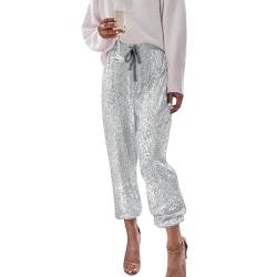 Schlaghose Damen Lang Festival Silber Pailettenhose Elegant Rave Outfit Weitbeinhosen Party Verziert mit Pailletten Hip Hop Glitzerhose High Waist Glitzer Hose Glänzende Hose Jogginghose von LCpddajlspig