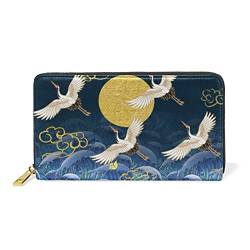 Kranich Japanische Wolke Mond Blau Leder Brieftasche Reißverschluss Geldbörse Telefon Kreditkartenetui Portemonnaie Wallet für Frauen Mädchen Männer von LDIYEU
