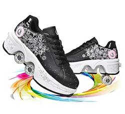 LDRFSE Rollschuh, Mädchen, Sneaker, Rollschuhe, Skateboardschuhe, Sneakers mit Rädern, Sport, Gymnastik, Mode, Mehrzweck-Kick-Roller, für Jungen und Mädchen, Black Pink Flower, 41 EU von LDRFSE