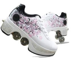 LDRFSE Rollschuhe für Mädchen, Sneaker, Skateschuhe, Sneaker, mit Rädern, Sport, Gymnastik, Mode, Mehrzweck, Kick Roller Schuhe für Jungen Mädchen, White Pink Flower, 36 EU von LDRFSE