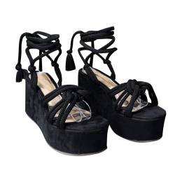 LDadgf Sommer-Sandalen mit Fischmaul-Schnürung und Slope-Absatz für Damen mit dicker Sohle Damen Schuhe 43 Sneaker (Black, 37) von LDadgf