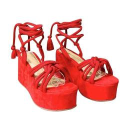 LDadgf Sommer-Sandalen mit Fischmaul-Schnürung und Slope-Absatz für Damen mit dicker Sohle Damen Schuhe 43 Sneaker (Red, 41) von LDadgf