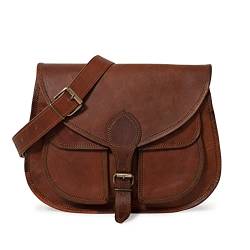 LEABAGS Leder Handtasche Damen I Premium Echtleder Umhängetasche I Damen Schultertasche I Damentasche I Tragetasche für Arbeit Uni Schule Freizeit I 32 x 27 x 10 cm I Vintage Cognac von LEABAGS