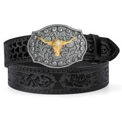 LEACOOLEKY Western Cowboy Gürtel für Männer Longhorn Stier-Schnalle Gürtel 3.8cm breit Floral graviert geprägter Ledergürtel von LEACOOLKEY