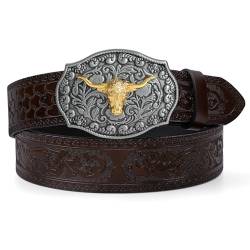 LEACOOLEKY Western Cowboy Gürtel für Männer Longhorn Stier-Schnalle Gürtel 3.8cm breit Floral graviert geprägter Ledergürtel von LEACOOLKEY