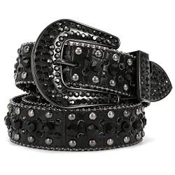 LEACOOLKEY Damenmode Strass Gürtel, Western Cowgirl Nieten Punk PU Ledergürtel für Jeans (XL:Passgröße 112cm-122cm = 135cm Gesamtlänge,E-Schwarz) von LEACOOLKEY