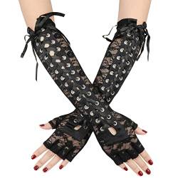 LEACOOLKEY Fingerlose Damen-Schnürhandschuhe Schwarz, verstellbare Satin-Handschuhe mit langen Ellbogen, dehnbarer Steampunk-Handschuh für Halloween-Cosplay von LEACOOLKEY