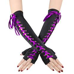 LEACOOLKEY Fingerlose Damen-Schnürhandschuhe Schwarz, verstellbare Satin-Handschuhe mit langen Ellbogen, dehnbarer Steampunk-Handschuh für Halloween-Cosplay von LEACOOLKEY