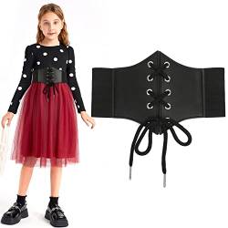 LEACOOLKEY Kinder schwarz elastische Stretch breite Taille Gürtel für Kleid Mädchen Lace-up Korsett Gürtel Halloween Cosplay von LEACOOLKEY