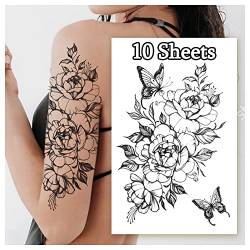LEADTEAM 10 Blätter Temporäre Tattoos, Fake Tattoos 3D Rose Tattoo Schmetterling Tattoo Klebe Tattoo, Wasserdicht Arm Tattoo Klebetattoos Tattoos Erwachsene Tatoos Aufkleben Damen Fake Tattoos Frauen von LEADTEAM