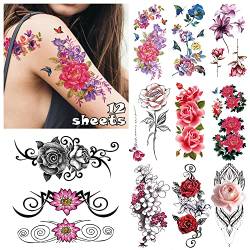 LEADTEAM 12 Blätter Fake Tattoos, Temporäre Tattoos 3D Farb Tattoo Rose Tattoo Blume Tattoo Arm Tattoo, Klebe Tattoos Erwachsene Tatoo Aufkleben Damen Temporary Tattoo Männer Fake Tattoos Frauen von LEADTEAM