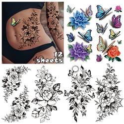 LEADTEAM 12 Blätter Fake Tattoos, Temporäre Tattoos 3D Rose Tattoo Schmetterling Blume Tattoo Arm Tattoo Erwachsene, Klebetattoos Erwachsene Tatoos Aufkleben Damen Fake Tattoos Frauen Tattoo Aufkleben von LEADTEAM