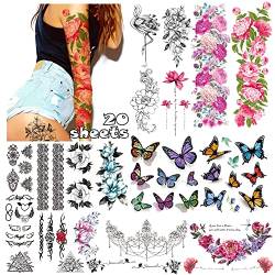 LEADTEAM 20 Blätter Fake Tattoos, Temporäre Tattoos 3D Rose Tattoo Schmetterling Arm Tattoo, Klebetattoos Erwachsene Tatoos Aufkleben Damen Fake Tattoos Frauen Tattoo Aufkleber Party Deko Geschenk von LEADTEAM