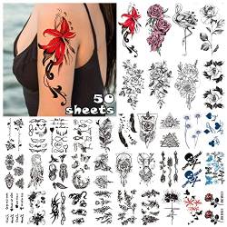 LEADTEAM 50 Blätter Temporäre Tattoos für Erwachsene, Fake Tattoo 3D Schwarze Rose Tattoo Blume Tattoo Arm Tattoo Gesichtstattoo Wasserdichtes Tattoo, Erwachsene Klebetattoos Aufkleben Männer Frauen von LEADTEAM