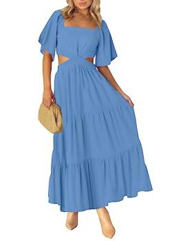 LEANI Damen 2023 Sommer Ausschnitt Maxikleid Quadratischer Ausschnitt Kurzarm Crossover Taille Casual Party Kleider, Blau, L von LEANI