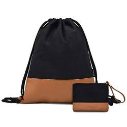 LEAPOP Turnbeutel Hipster Segeltuch Sporttaschen, Normallack Gym Sack Beutel Sportbeutel Tüte Rucksack mit Innentasche und Schlüsselbund, Münzbörsen (Schwarz+Braun) von LEAPOP