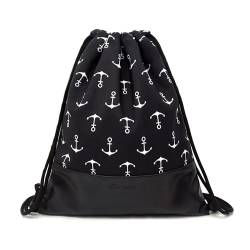 LEAPOP Turnbeutel Hipster Sporttaschen, Anchor Gym Sack Beutel Sportbeutel Tüte Rucksack mit Innentasche und Schlüsselbund (Schwarz Anchor) von LEAPOP