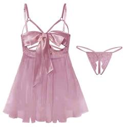 Dessous Damen Unterwäsche für Frauen Dessous Set Sexy Erotische Translucent Spitze Bodysuit mit Bogen Lingerie Reizwäsche BH und Höschen Sets Verstellbare Offen Unterwäsche für Frau (Rosa, S) von LEBENSFROH