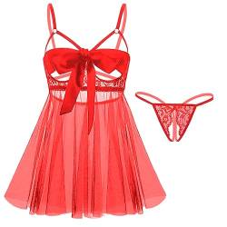 Dessous Damen Unterwäsche für Frauen Dessous Set Sexy Erotische Translucent Spitze Bodysuit mit Bogen Lingerie Reizwäsche BH und Höschen Sets Verstellbare Offen Unterwäsche für Frau (Rot, S) von LEBENSFROH