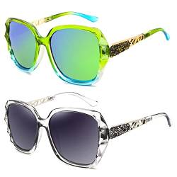 LECKIRUT Sonnenbrille Damen Groß Vintage Polarisiert UV Schutz Klassische Mode Damen Farben Grün & Transparent Grau von LECKIRUT