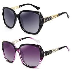 LECKIRUT Sonnenbrille Damen Groß Vintage Polarisiert UV Schutz Klassische Mode Damen Farben Schwarz Rahmen Grau Linse & Lila von LECKIRUT