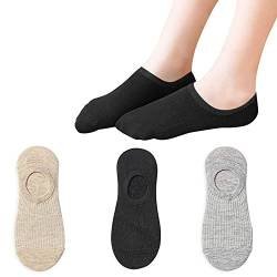 3 Paar No-Show-Socken für Damen, unsichtbare Socken, niedrig geschnittene Socken, Knöchelsocken mit rutschfesten Griffen, Baumwollsocken (Schwarz/Grau/Khaki) von LECTNORE