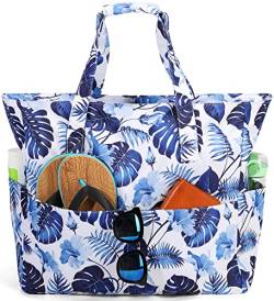 LEDAOU Große Strandtasche Damen Umhängetasche Handtasche wasserdicht sanddicht mit Reißverschluss Strandtasche für Pool Fitnessstudio Reisen mit Nasstasche (Blume) von LEDAOU