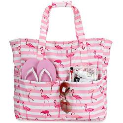 LEDAOU Große Strandtasche Damen Umhängetasche Handtasche wasserdicht sanddicht mit Reißverschluss Strandtasche für Pool Fitnessstudio Reisen mit Nasstasche (Rosa Flamingo) von LEDAOU