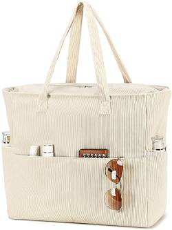 LEDAOU Große Strandtasche mit reißverschluss Damen Wasserdicht Umhängetasche Tragetasche shopper sanddicht mit Reißverschluss Pool Fitness Reisetasche familie(Cord Beige) von LEDAOU