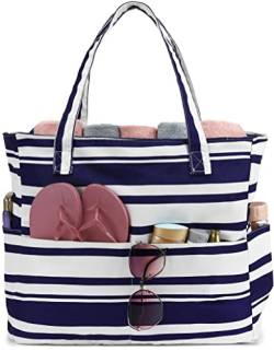 LEDAOU Große Strandtasche mit reißverschluss Damen Wasserdicht Umhängetasche Tragetasche shopper sanddicht mit Reißverschluss Pool Fitness Reisetasche familie (Blaue weiße Streifen) von LEDAOU