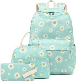 LEDAOU Schulrucksack Mädchen Kinderrucksack Schultasche Teenager Schul Rucksack für Kinder Schultaschen-Sets mit Lunchpaket und Federmäppchen(Gänseblümchen Grün) von LEDAOU